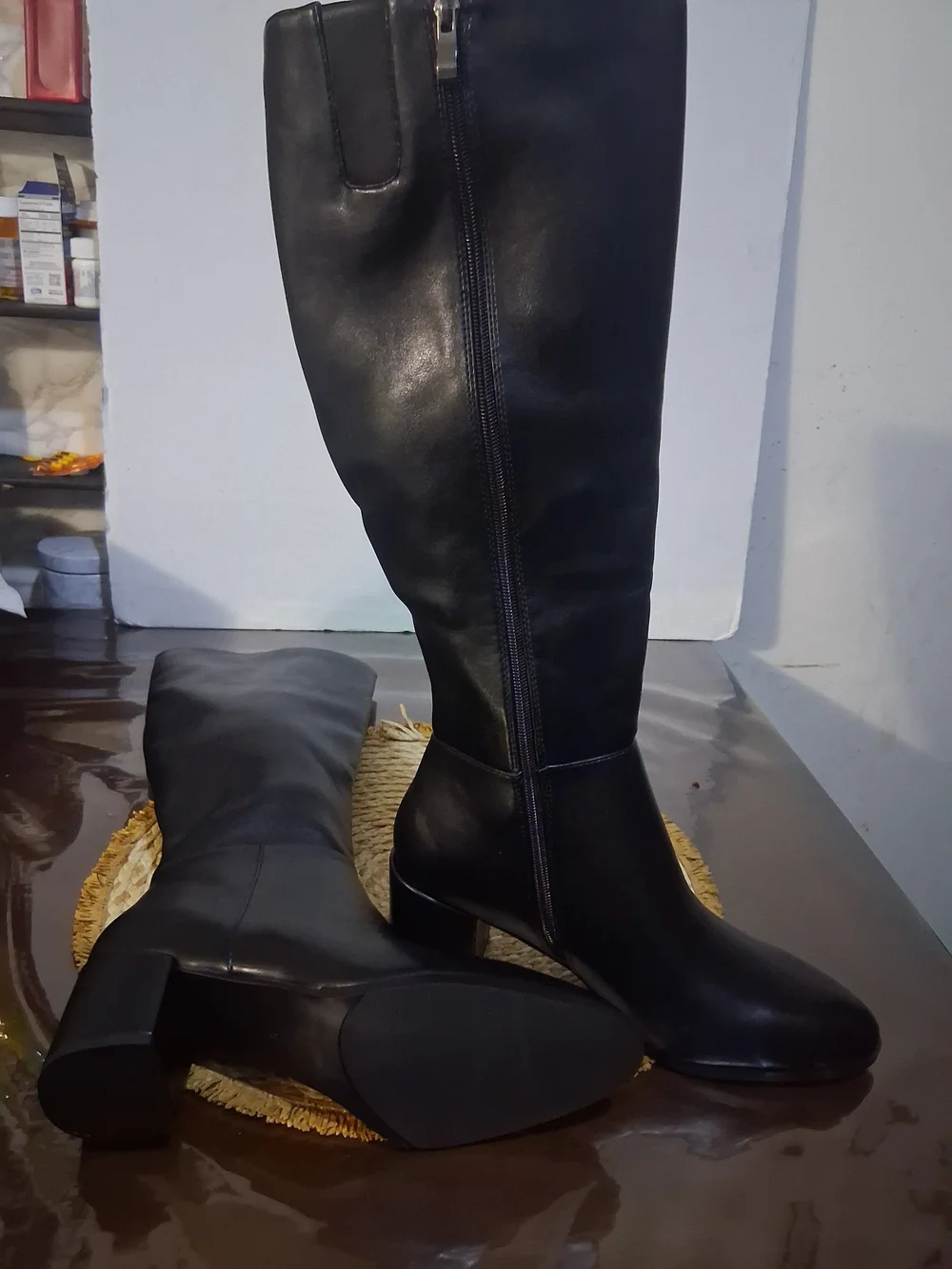Women's knee-high boots, block heel, round toe, side zipper